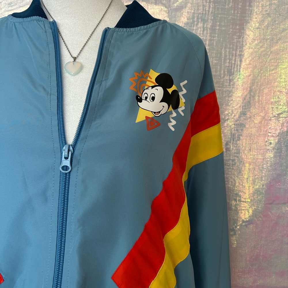 Light Blue Retro Mickey Mouse Bomber Jacket with Red & Yellow Stripes. Size S.